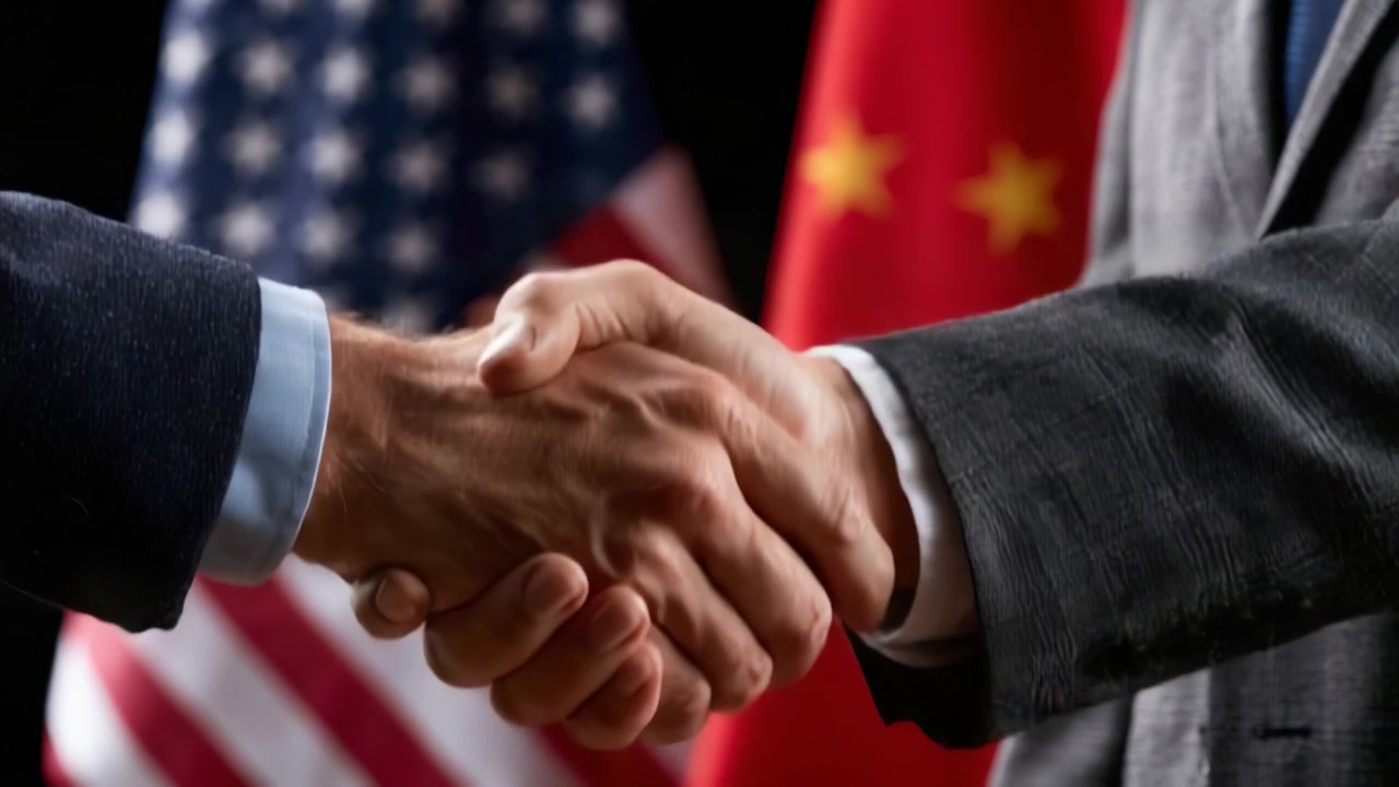 A Historic Handshake: Symbolizing Cooperation Between Two Powerful Nations with Flags Representing Unity and Diplomacy in a Framework of Mutual Respect.