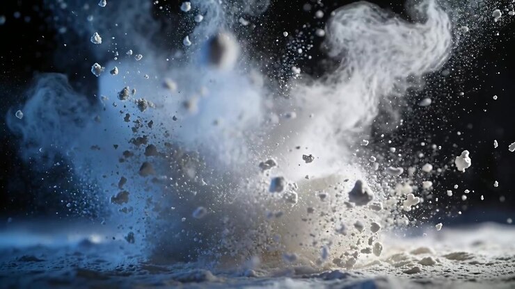 Nuvola di polvere bianca fine che erutta, lanciando grumi e fumo che si arriccia per impulso dal terreno, sotto la luce dello studio.