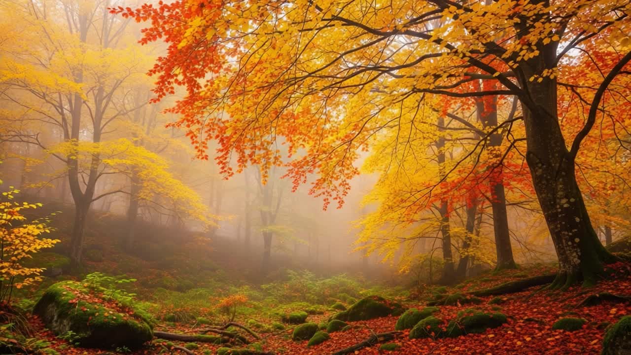 A Serene Autumn Morning in a Misty Forest: Vibrant Colors of Red, Yellow, and Orange Leaves Enveloping the Woodland Scene with a Sense of Tranquility and Wonder