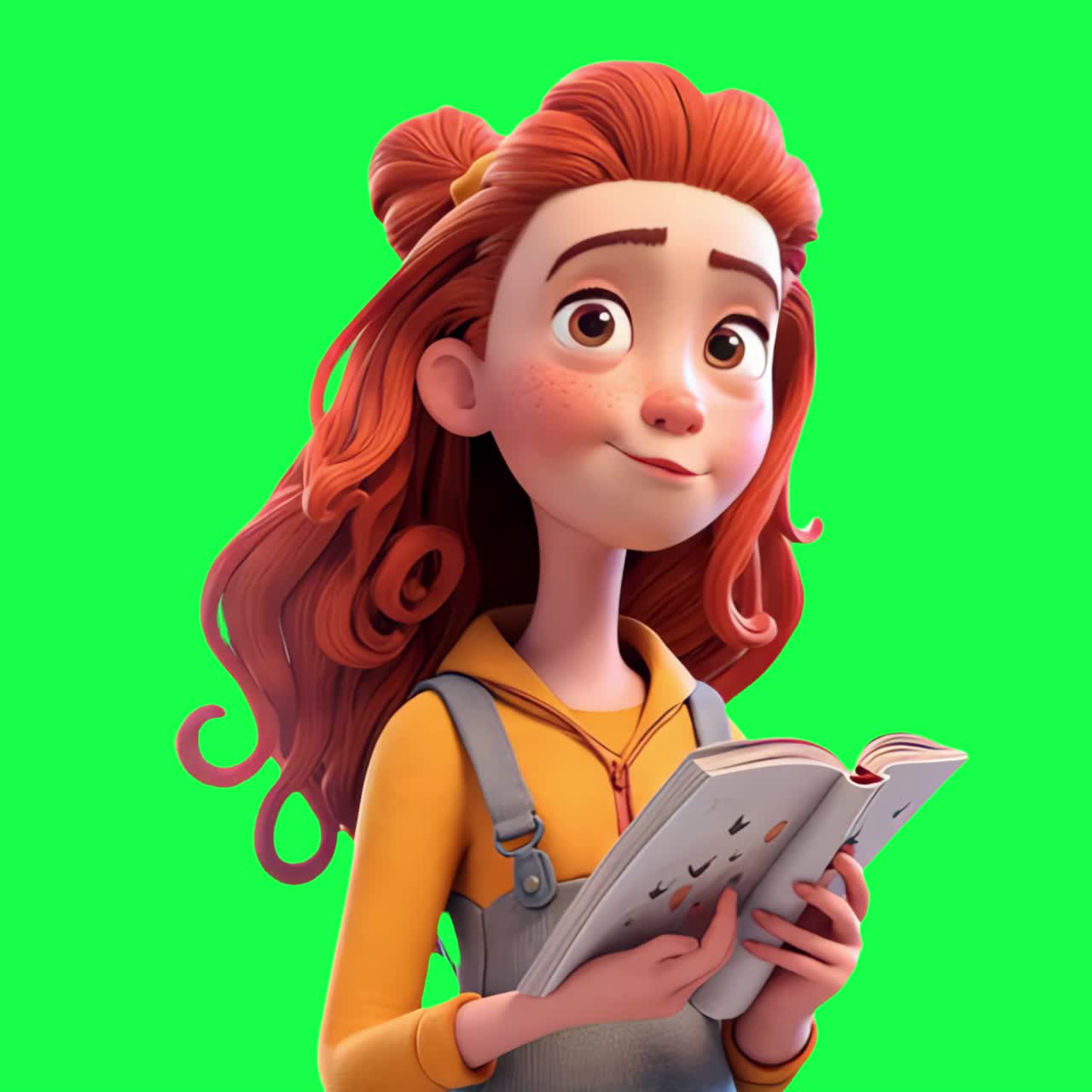 Animazione di ragazza animata che legge un libro, video 4K trasparente, green screen