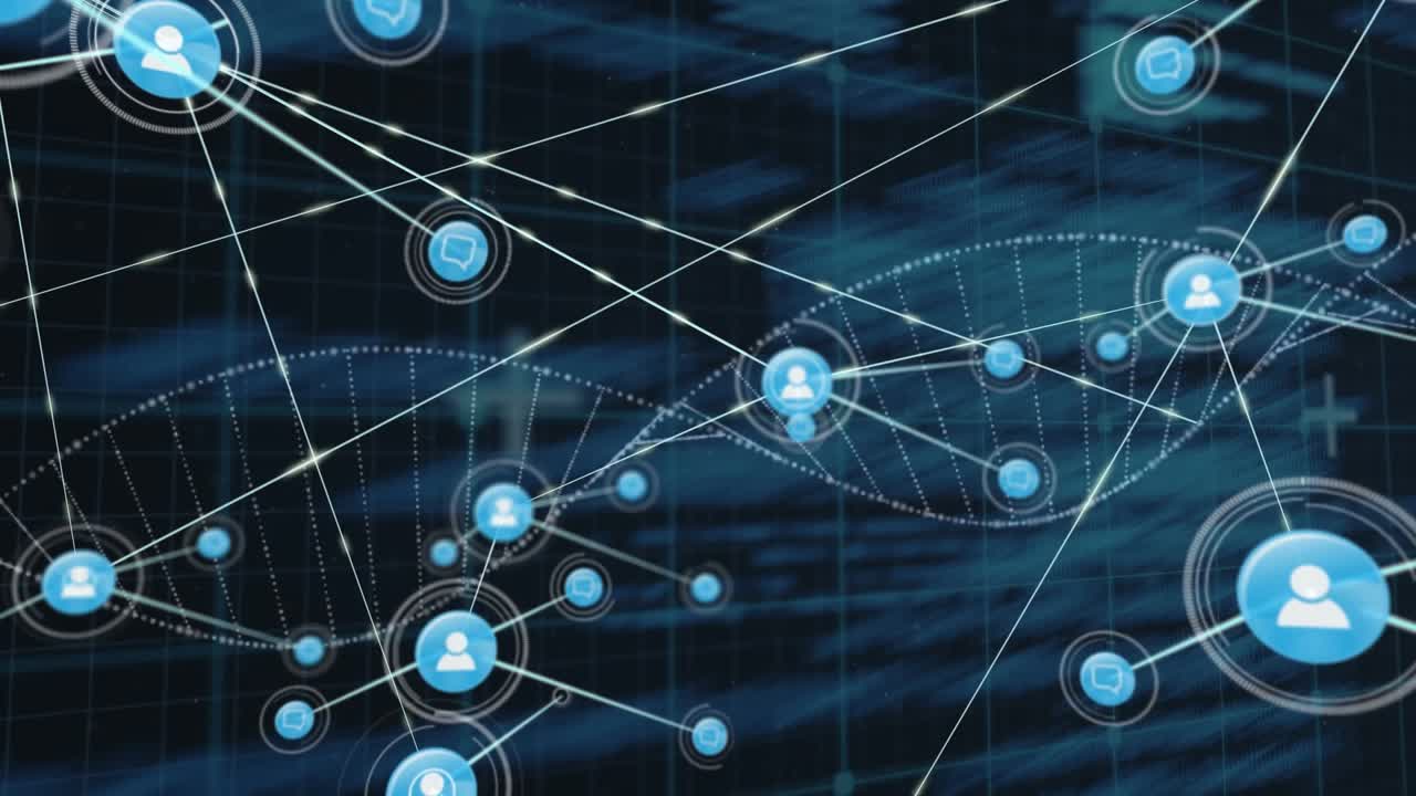 Animation of connected icons, computer language and dna helix against black background