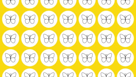 butterfly icon in white circle with black dynamic line pattern on a yellow background. seamless loop dynamic pattern with regular symbols rotating around