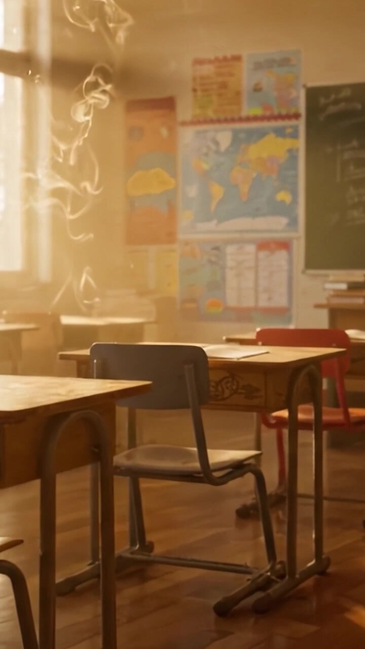 A Serene Classroom Environment at Dawn: Soft Light Streams Through Windows, Casting Gentle Shadows Over Empty Desks and Educational Material, Evoking a Sense of Calmness and Focus.