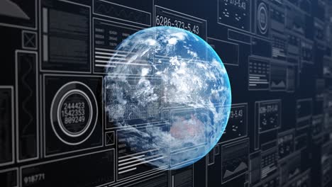 Animation-of-multiple-graphs,-loading-circles-and-bars-with-changing-numbers-over-rotating-globe