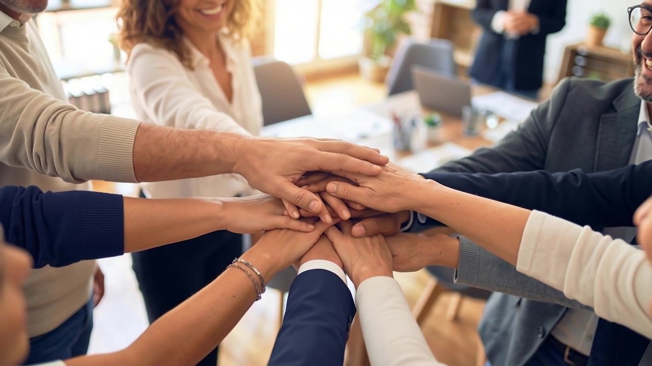 Un gruppo eterogeneo di colleghi d'ufficio che uniscono le mani in un gesto celebrativo in ufficio