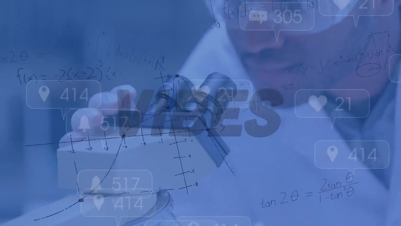 animación de vibraciones texto con números y ecuaciones matemáticas sobre diversos científicos en el laboratorio