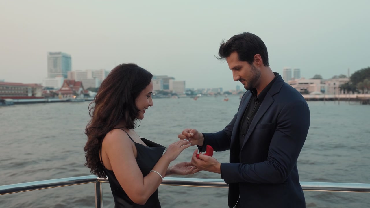 Man Proposes to Woman with Engagement Ring on a Romantic Yacht Cruise