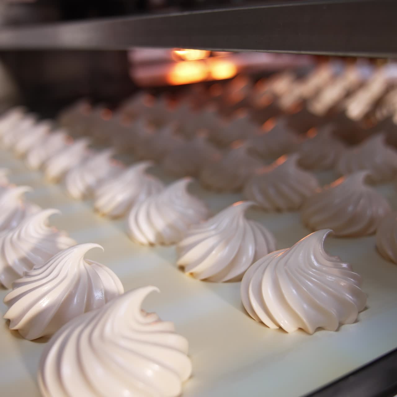 Slowly moving conveyor belt with fresh creamy marshmallows. Close up. Sweet vanilla desserts come from a dryer