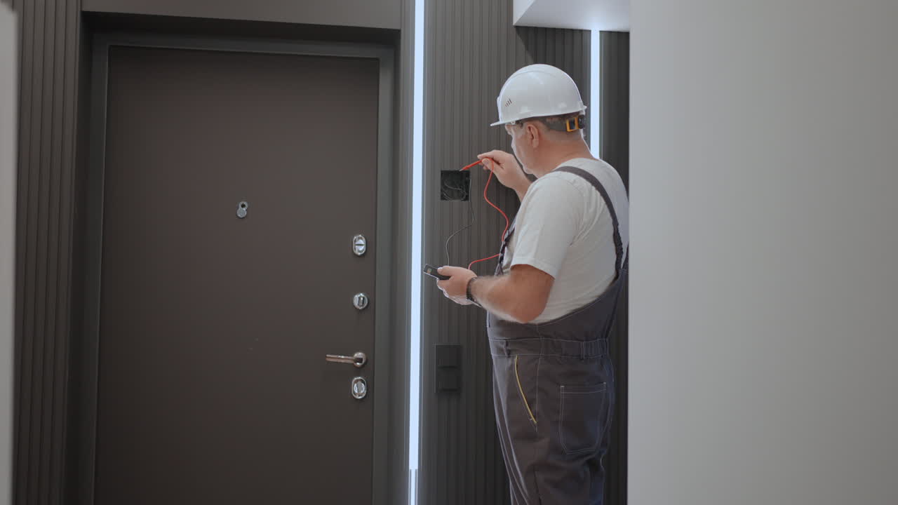 A man electrician checks the voltage in the network with a wire tester preparing to install a smart home. Builder on the repair of an apartment with light lines