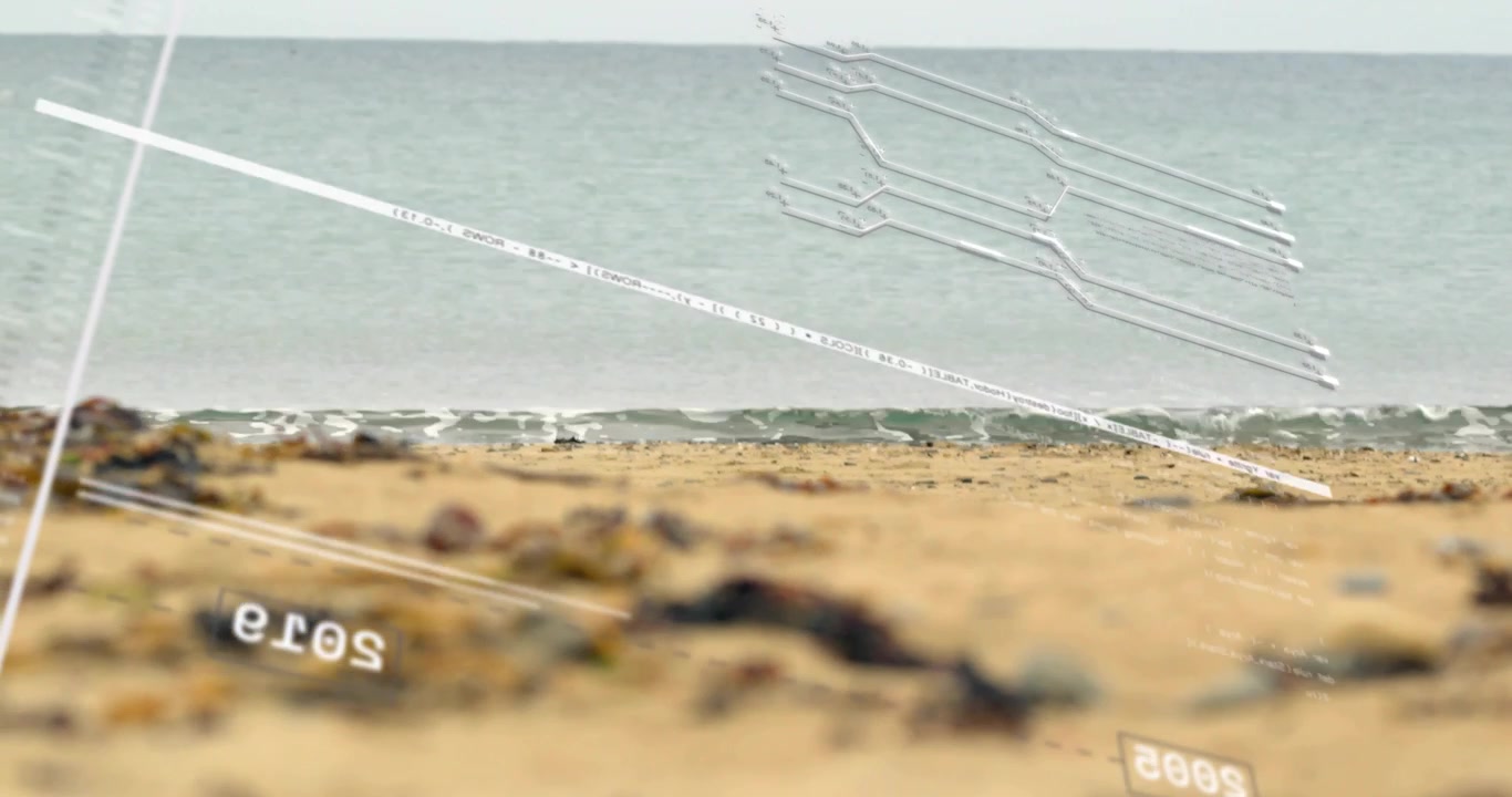 HUD overlays sliding in, diagonals sweeping shore, camera pulling focus showing years for tech
