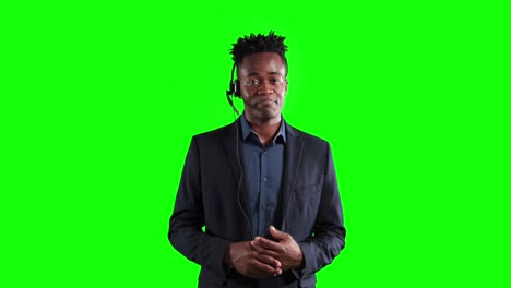 animation of an african american man in suit using an earpiece and talking in a green background