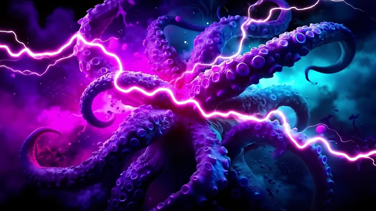 Un polpo con tentacoli al centro di uno sfondo viola e blu