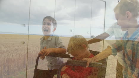 in school, child in wheelchair playing with friends in field, enjoying animation