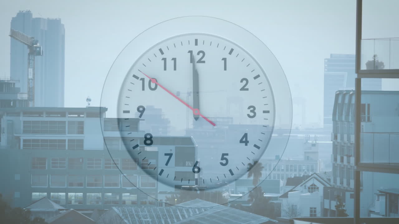 Animation of clock with moving hands over modern cityscape