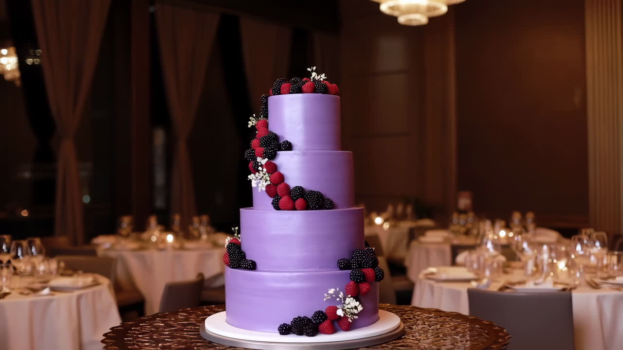 Elegante torta viola a quattro piani con frutti di bosco a un evento