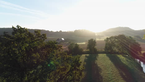 a higher aerial shot between trees of a sunrise on a beautiful summer morning. tree passing by on the foreground.