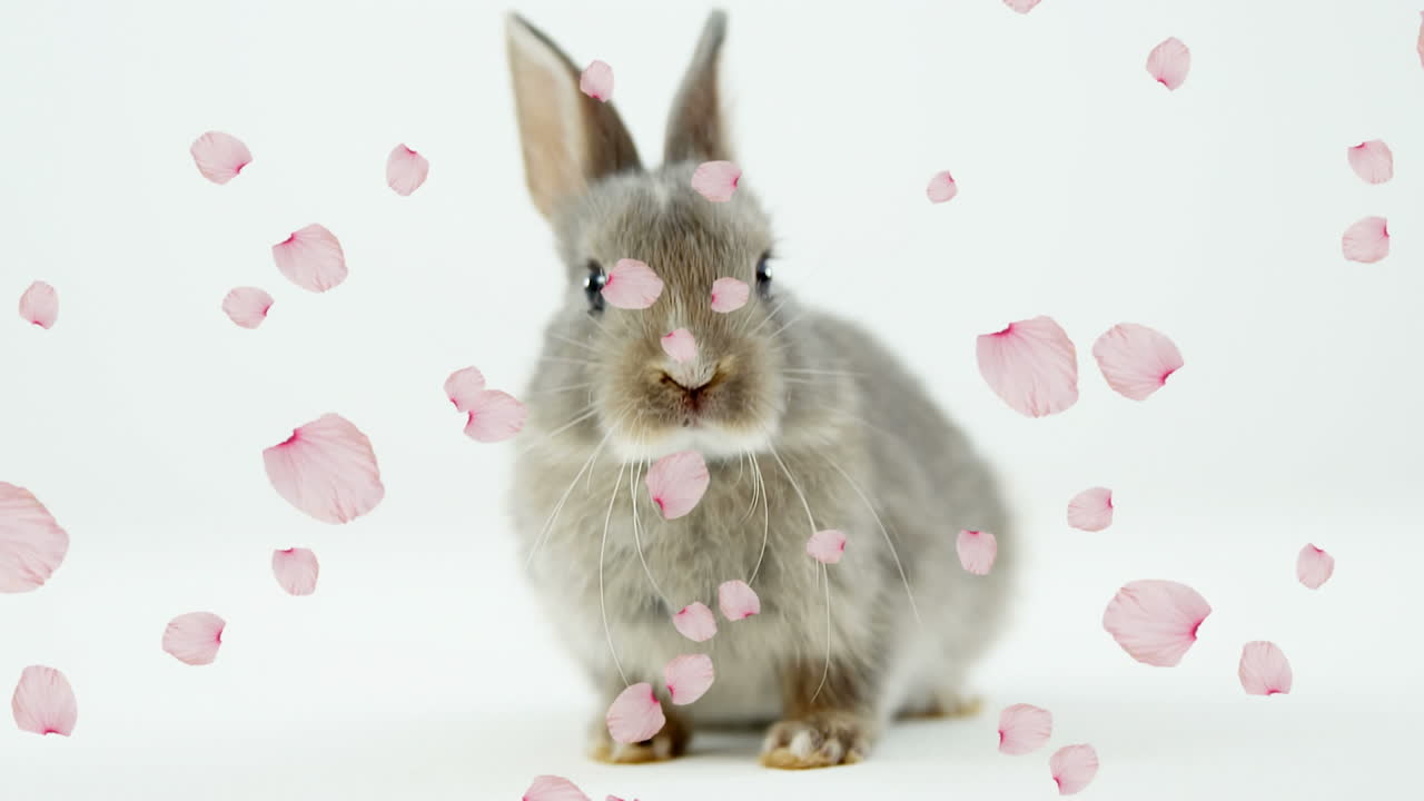 animación de pétalos de flores rosadas flotando sobre el lindo conejo de pascua sobre fondo blanco