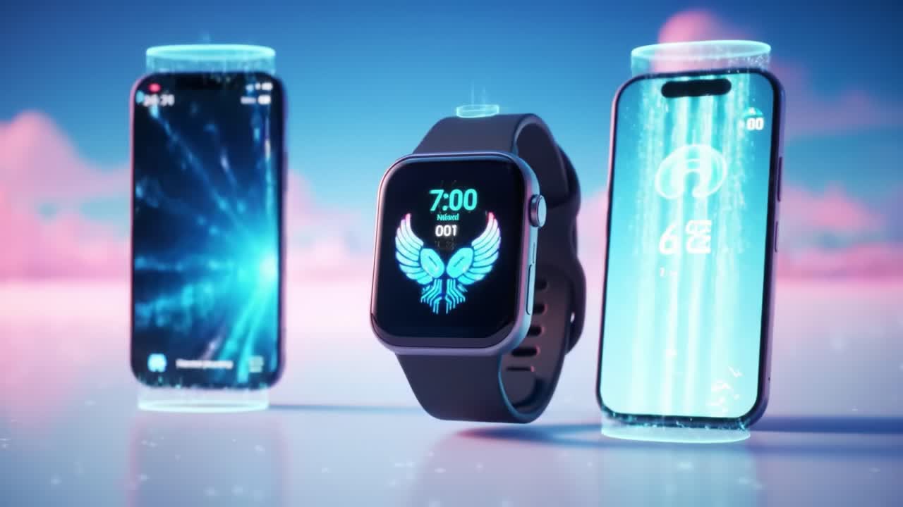 Devices showcase advanced health tracking features with vibrant graphics. The smartwatch highlights real-time fitness stats while surrounding smartphones display health data in an engaging way.