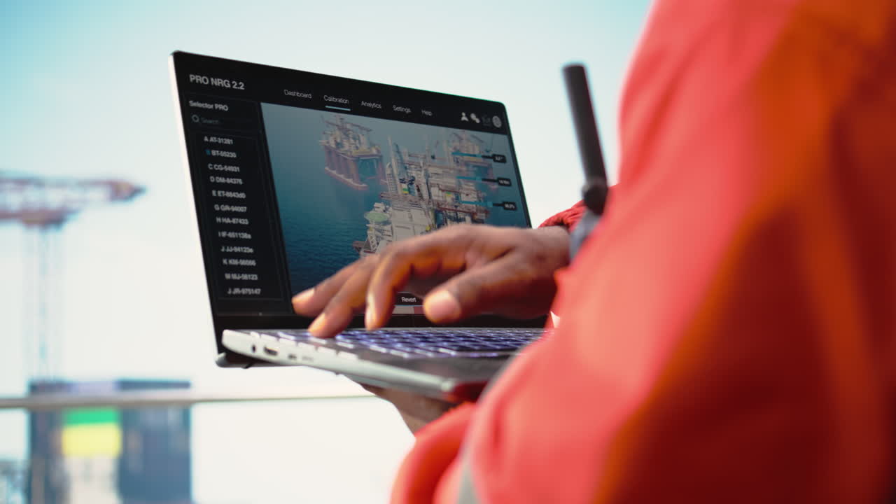 Lodret video. Nærbillede af bærbar computer brugt af boreplatformsarbejder til at overvåge infrastruktursystemer