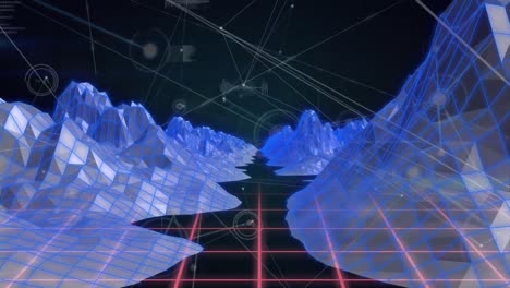 animation of network of connections with data processing over digital mountains on black background