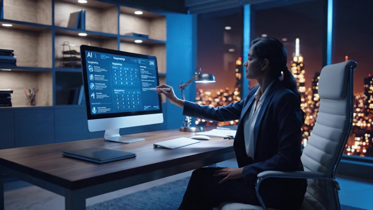 Focused Businesswoman Analyzing Data on Computer Screen at Night in Modern Office with Cityscape View, Emphasizing Technology and Data-Driven Decision Making