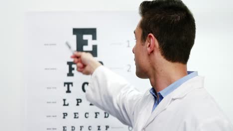 optometrist pointing at eye chart