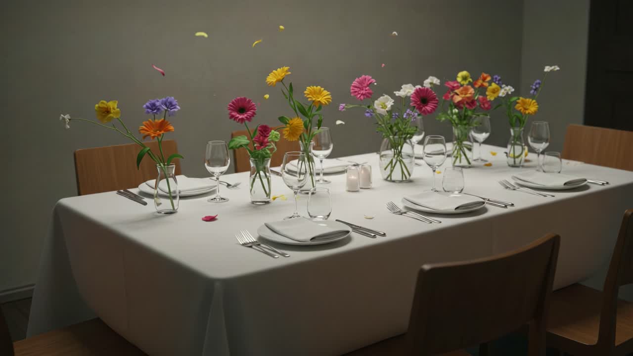 Beautifully Arranged Table Setting with Vibrant Flowers and Elegant Dinnerware, Perfect for Celebrations or Special Occasions