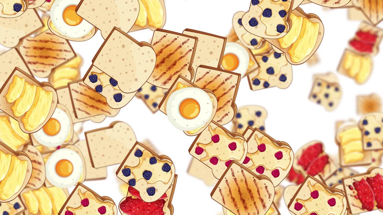 Seamless looping animation of colorful breakfast bread slices raining ...
