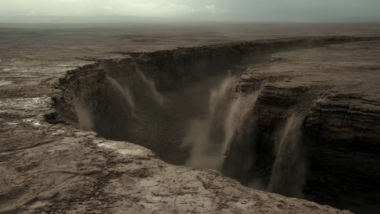 Dramatic Barren Canyon with Cascading Dust or Waterfalls