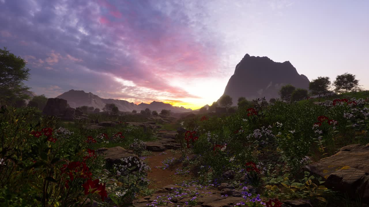 Trail Cuts Through Wild Flowers In Mountains, Sunset Time