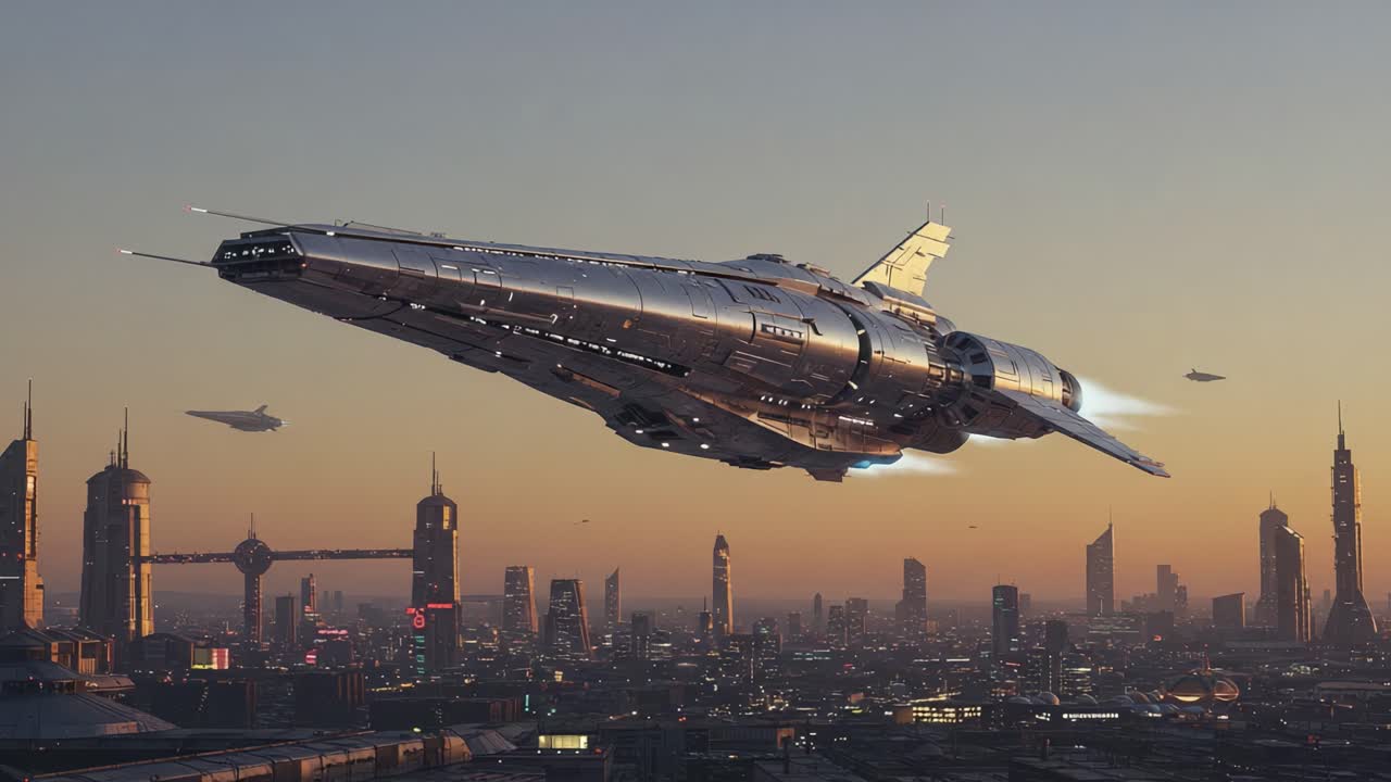 Futuristic Spaceship Soaring Above a Metropolis at Dusk with Stunning Cityscape and Glowing Lights in the Background, Showcasing Advanced Technology and Design