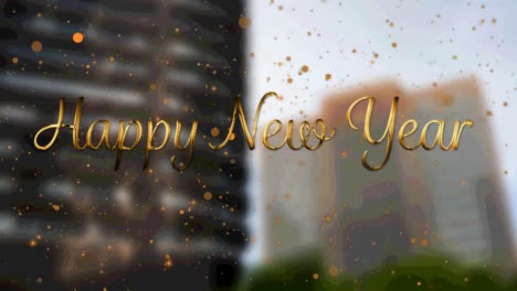 Animation-of-new-year-greetings-with-orange-spots-falling-over-cityscape-background