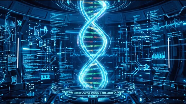Glowing blue 3D DNA double helix strand model on dark background