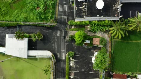 Statische-Luftaufnahme-Von-Oben-Nach-Unten-Von-Motorrollern,-Die-Auf-Der-Straße-In-Der-Nähe-Von-Reisfeldern-In-Berawa,-Bali,-Fahren