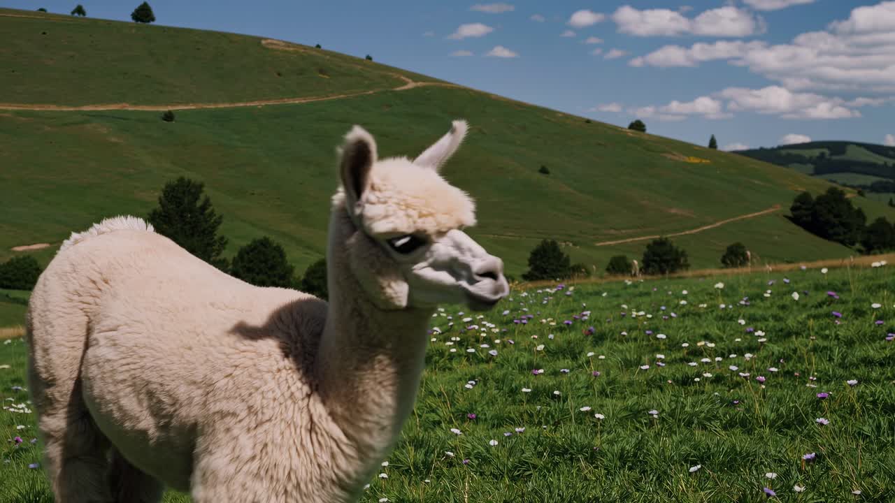 A serene video scene of an alpaca grazing in a lush meadow, captured from a low-angle