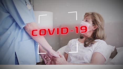 Animation-of-covid-19-text-over-caucasian-senior-woman-and-nurse-wearing-face-masks