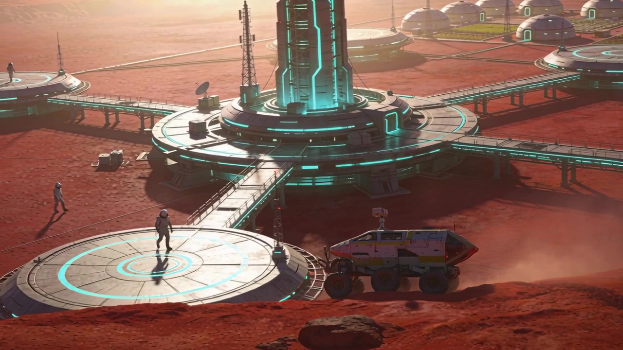 Approaching rover raising dust toward central hub at colony, crew in space suits preparing transfer