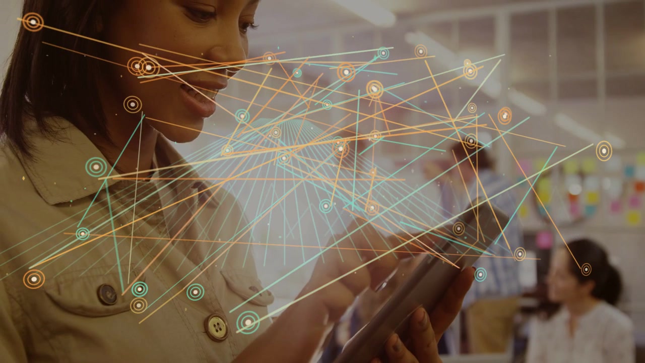 Vertical video: Woman tapping tablet starting node overlay linking device to team for business sync