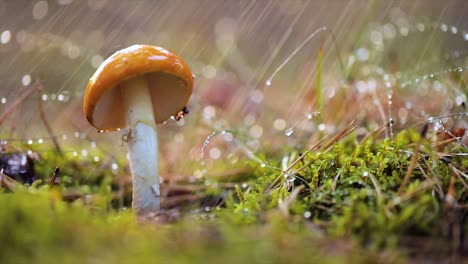 amanita muscaria, fly agaric mushroom in a sunny forest in the rain.