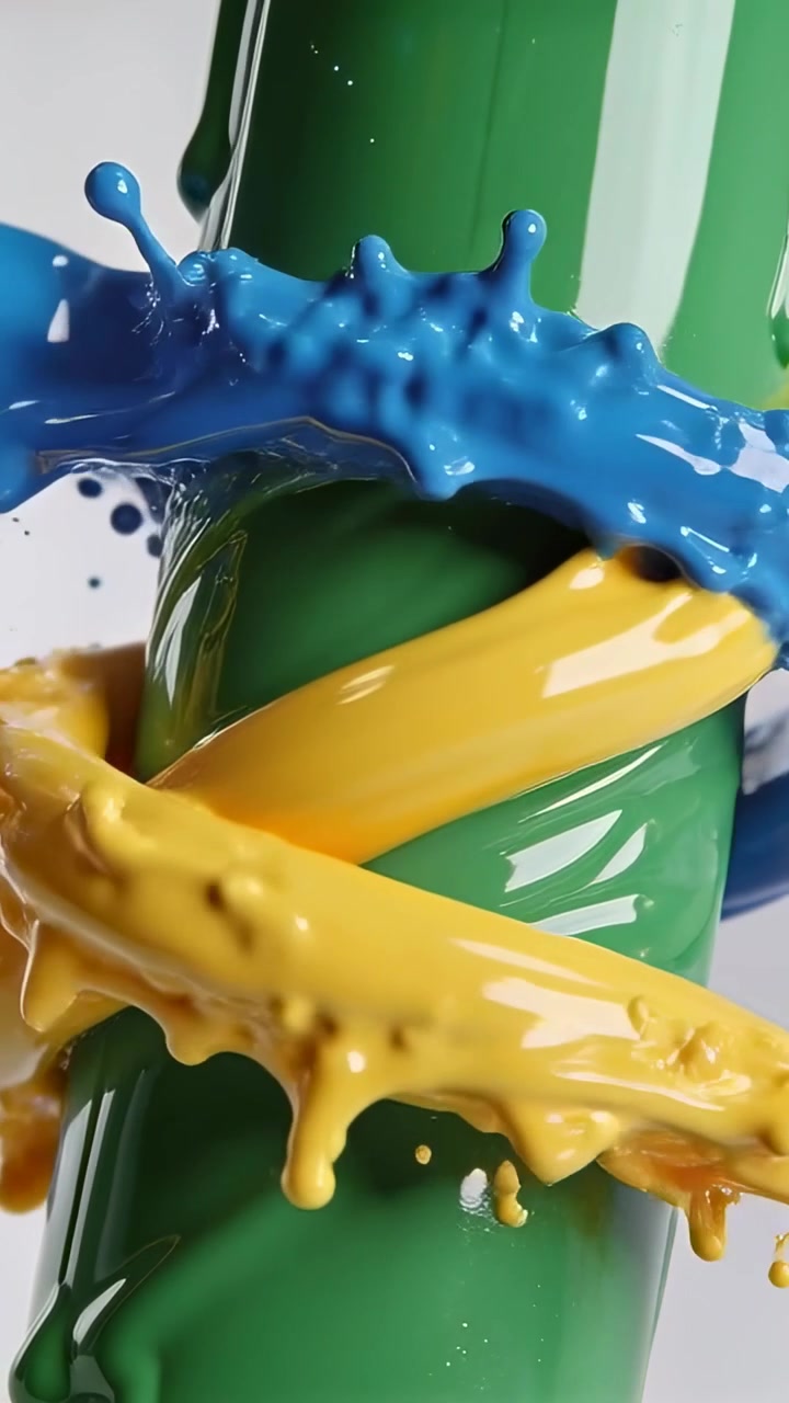 Video verticale: Flusso blu ad arco che colpisce un nastro giallo, rivestendo una colonna verde lucida in studio.