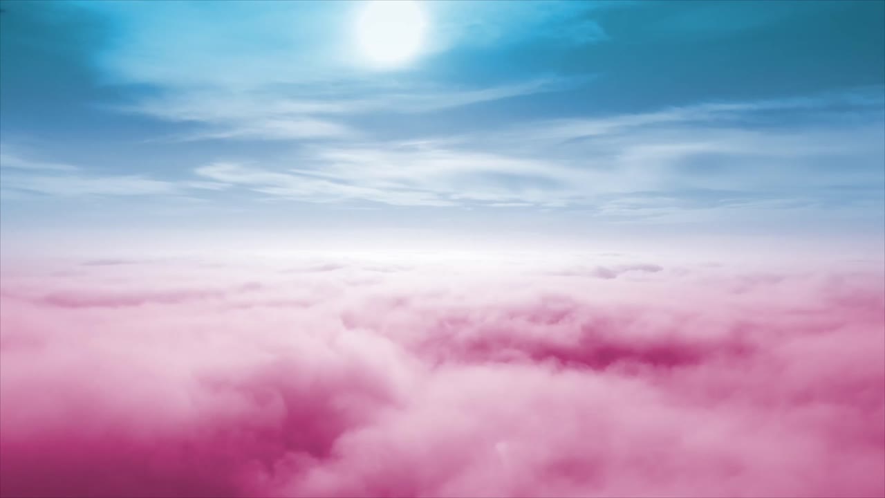 Aerial View of Pink Clouds with Blue Sky and Bright Sun