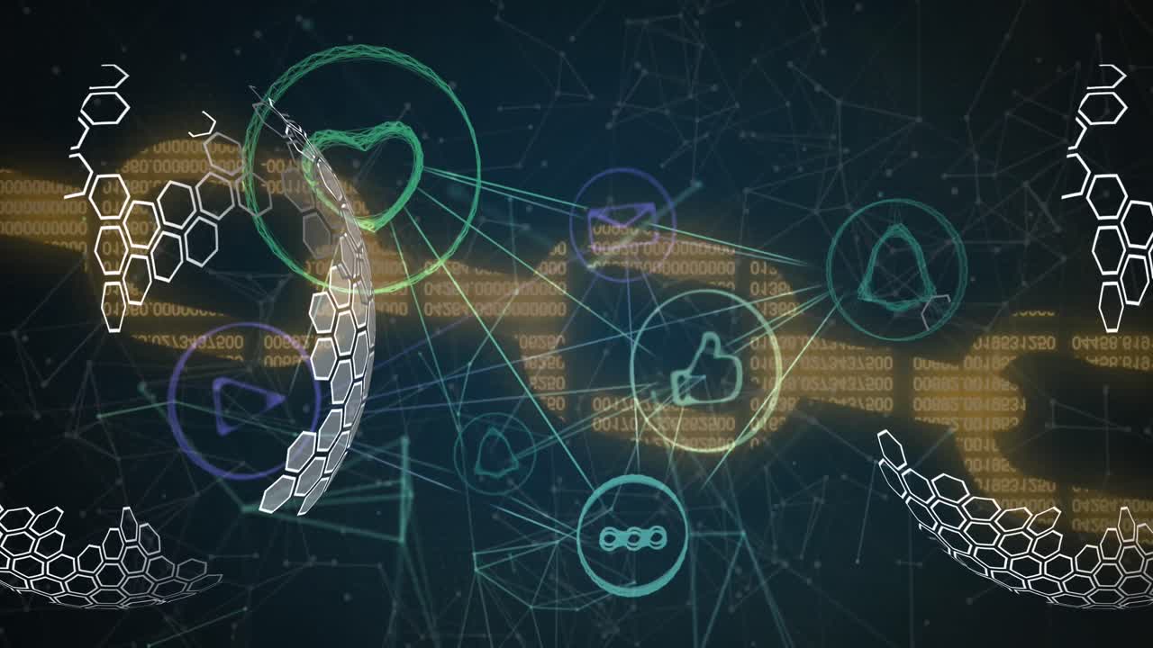 animación del globo, las conexiones y la cadena de bloques sobre fondo negro