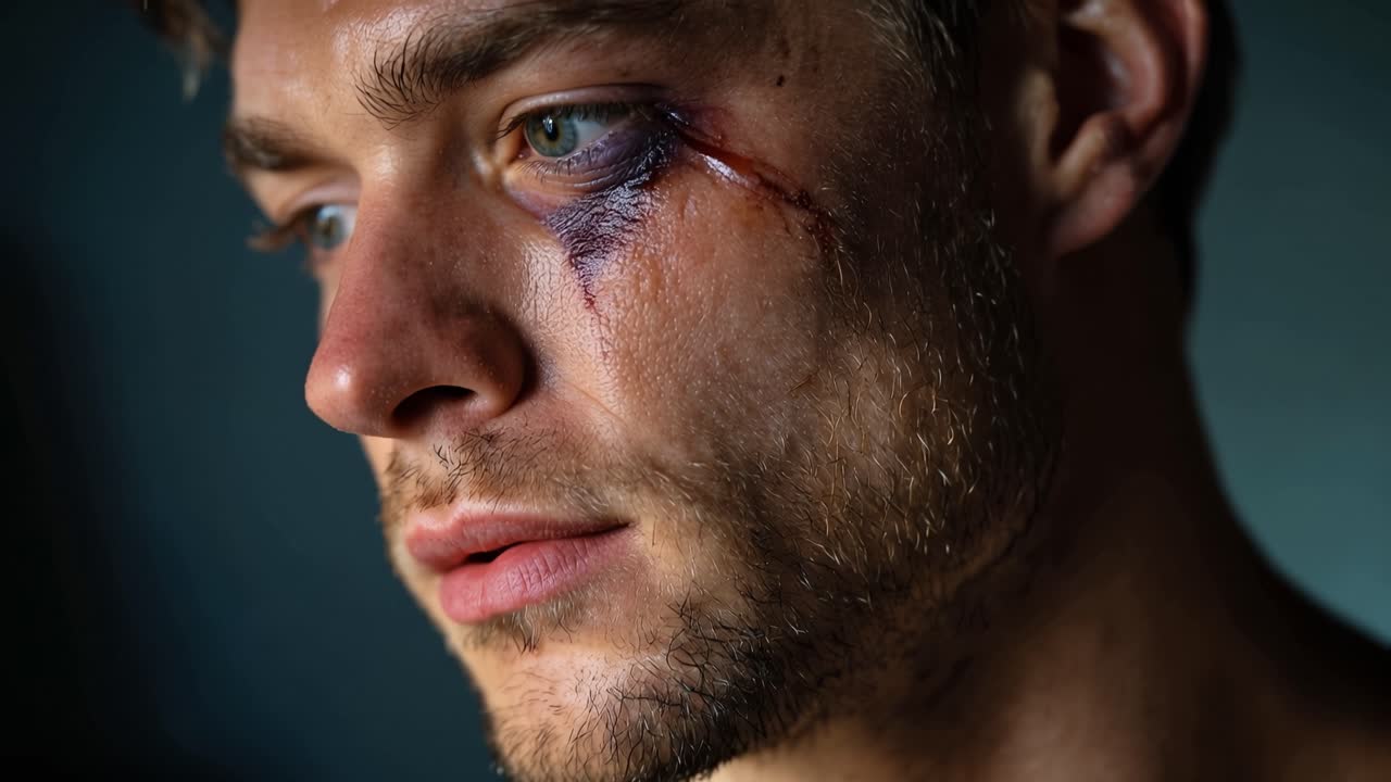 Close-up of a man with a bruised eye and a trickle of blood his gaze is intense, his expression shows pain and resolve light highlights the texture of his skin and stubble he appears to have endured a