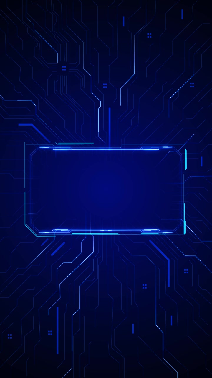 Dark blue digital circuit panel cyan neon border electronic line paths clean central title space