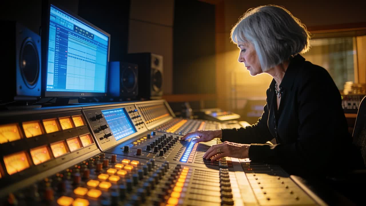Vertical video: DAW starting engineer adjusting console faders balancing mix at studio, copy space