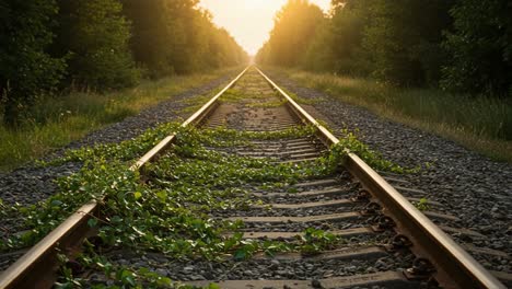 a serene sunset overgrown train tracks surrounded by lush greenery, capturing the beauty of nature's embrace on an abandoned railway path