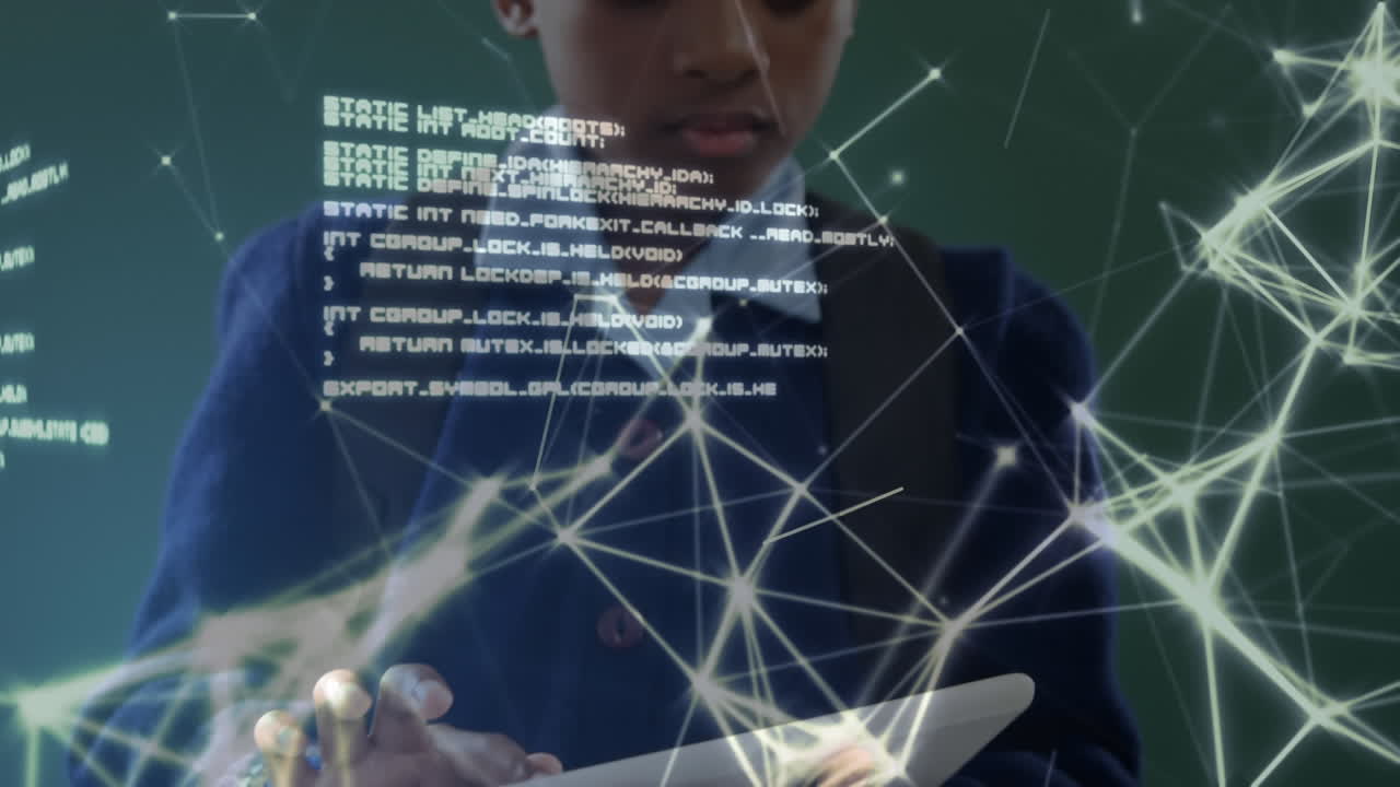 Animation of boy using a digital tablet over data processing in the background