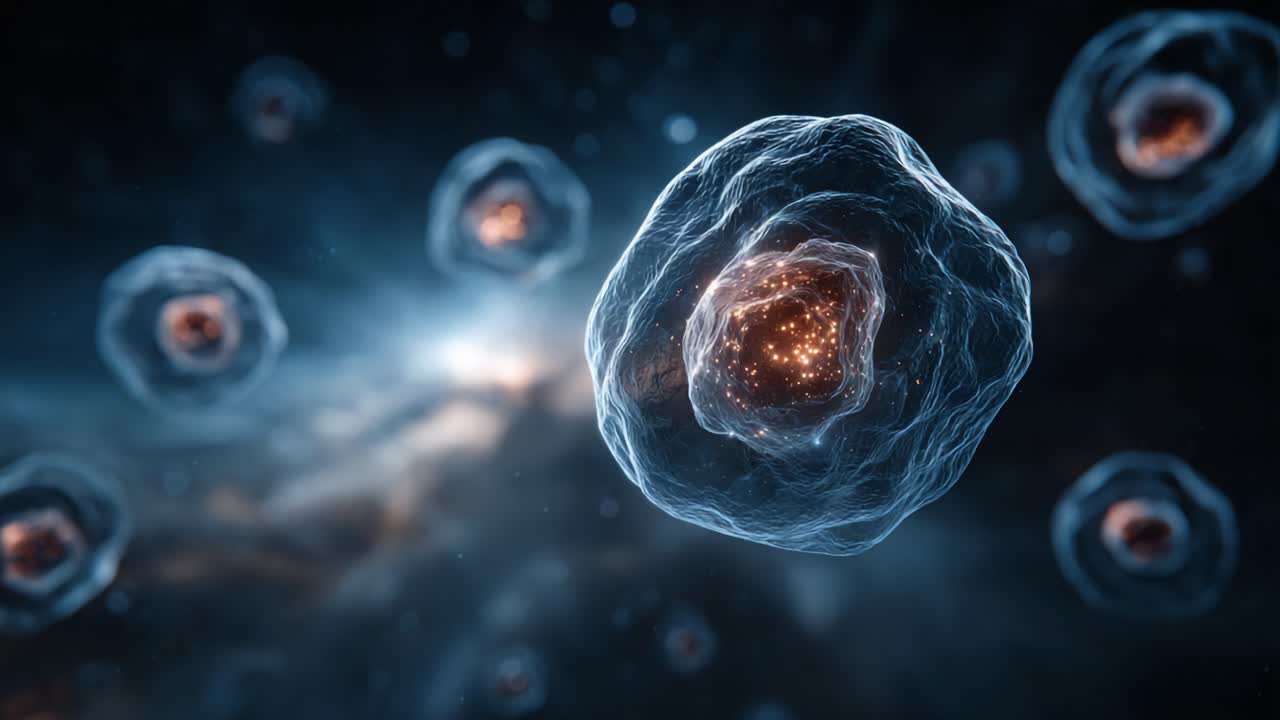 A Stunning Visual Journey into the Microscopic World of Cells, Showcasing Their Intricacies and Dynamic Nature in a Vibrant Cosmic Environment