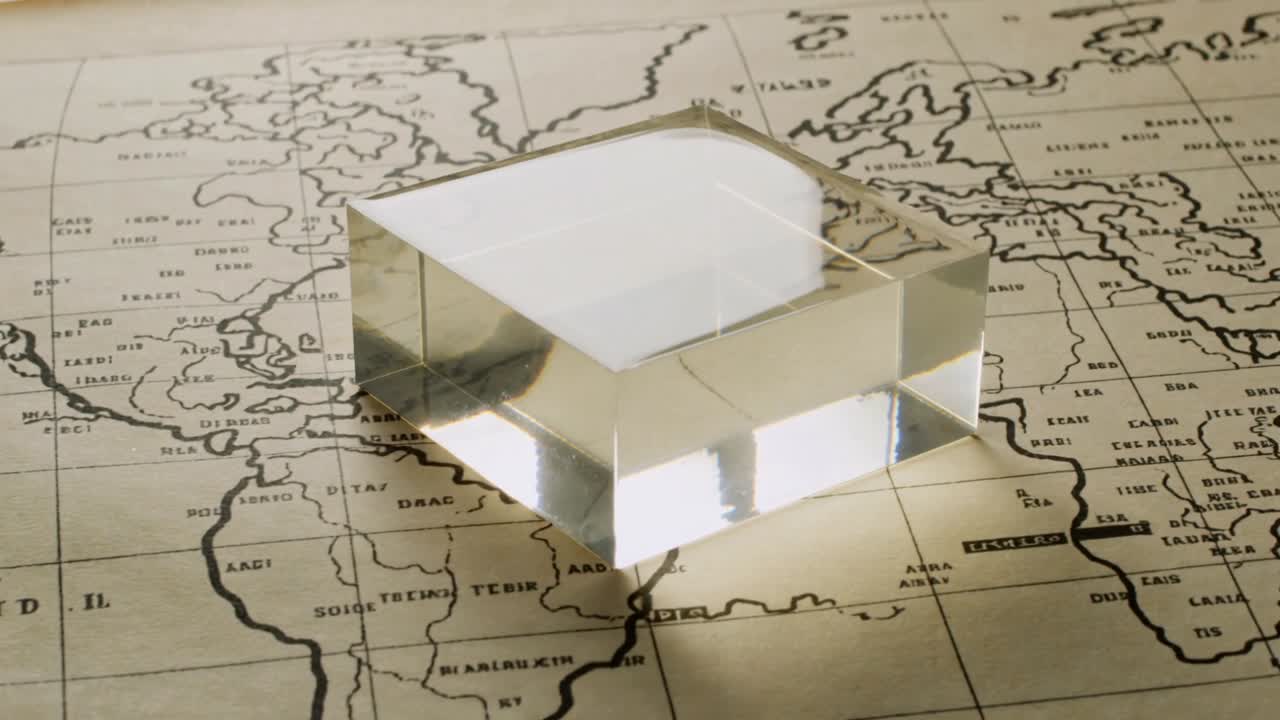 Telecamera in movimento che rivela un prisma trasparente che rifrange una mappa antica sotto la luce di uno studio, mostrando i riflessi luminosi.