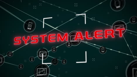 animación del texto de alerta del sistema con visor y iconos de teléfono y portátil conectados